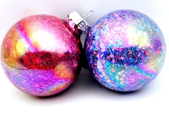 Glass Ornaments x2 Brightly Glittered Iridescent 2.5"