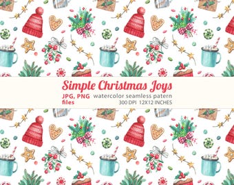 Simple Christmas Joys- Hand-painted Holiday seamless background for Cards, Fabric, Home Decor & Gift Wrapping