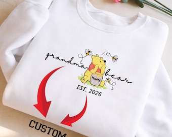 Custom Mama Bear Embroidered Sweatshirt, Est 2026 Grandma Announcement T-Shirt, Personalized Grandma Crewneck, Honey Bear Embroidery Hoodie
