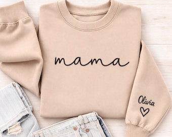 Embroidered Personalized Mama Sweatshirt, T-Shirt & Hoodie, Mother's Day Gift, New Mom Gift, Mom Sweater, Custom Kids Names on Sleeve Jumper