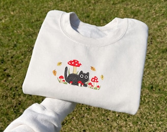 Mushroom Cat Embroidered TShirt, Cute Autumn Cat T-Shirt Sweatshirt Hoodie, Fall Cat Lover Gift, Kawaii Mushroom Cat Graphic