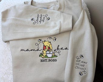 Mama Bear Embroidered Sweatshirt with Custom Kids Names on Sleeve, Personalized Mom Hoodie, Mother’s Day Gift, Custom Bear T-Shirt