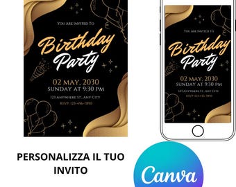 ELEGANTE INVITACIÓN DE CUMPLEAÑOS, invitación digital para fiesta de cumpleaños, imprimible, editable vía canva