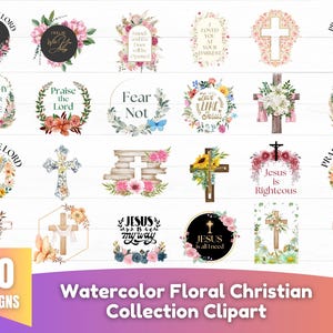 Clipart di raccolta floreale cristiana, collezioni cristiane, clipart di citazioni sulla fede, design di pacchetti di versetti biblici floreali, Gesù è PNG, uso commerciale