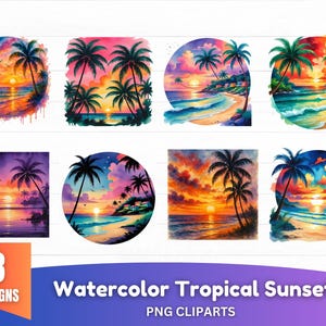Watercolor Tropical Sunset Collection,watercolor tropical sunsets clipart,Summer Clipart,Tropical Sunsets Clipart,Beach Landscape,Island PNG