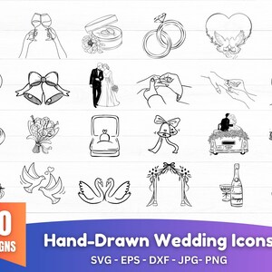 hand drawn wedding icons svg, Wedding Timeline Clipart, Line Art Illustrations, PNG and Cut Files for Cricut & Silhouette, Digital Download