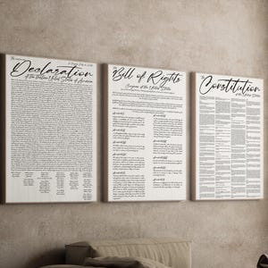 US Founding Documents Wall Art Set of 3, Declaration of Independence, Bill of Rights, Constitution Print, Patriotic Canvas Gift, 250th Years