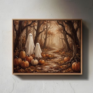 Vintage Ghost Painting, Halloween Pumpkin Patch Canvas, Spooky Autumn Forest Wall Art