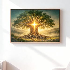 May include: A framed art print depicting a large tree with a bright, golden light emanating from its center. The tree has a thick trunk and sprawling roots, with lush green foliage. The background features a misty landscape with mountains.