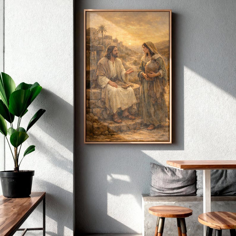 Jesus and Samaritan Woman Canvas Wall Art, Modern Christian Home Decor ...