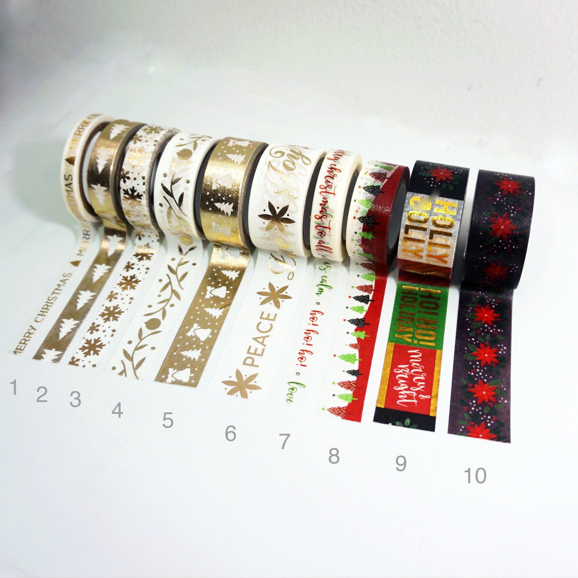 Foil Gold Christmas Washi Tape Peace Joy Love Assortment Set - 8 Spools