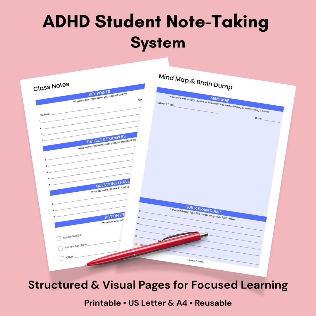 Adhd Student Planner | Class Notes, Mind Map & Brain Dump Pages ...