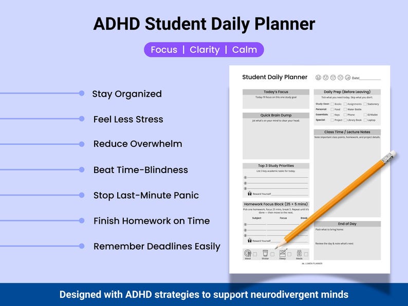 ADHD Student Daily Planner Printable | Homework and Study Organizer for ...