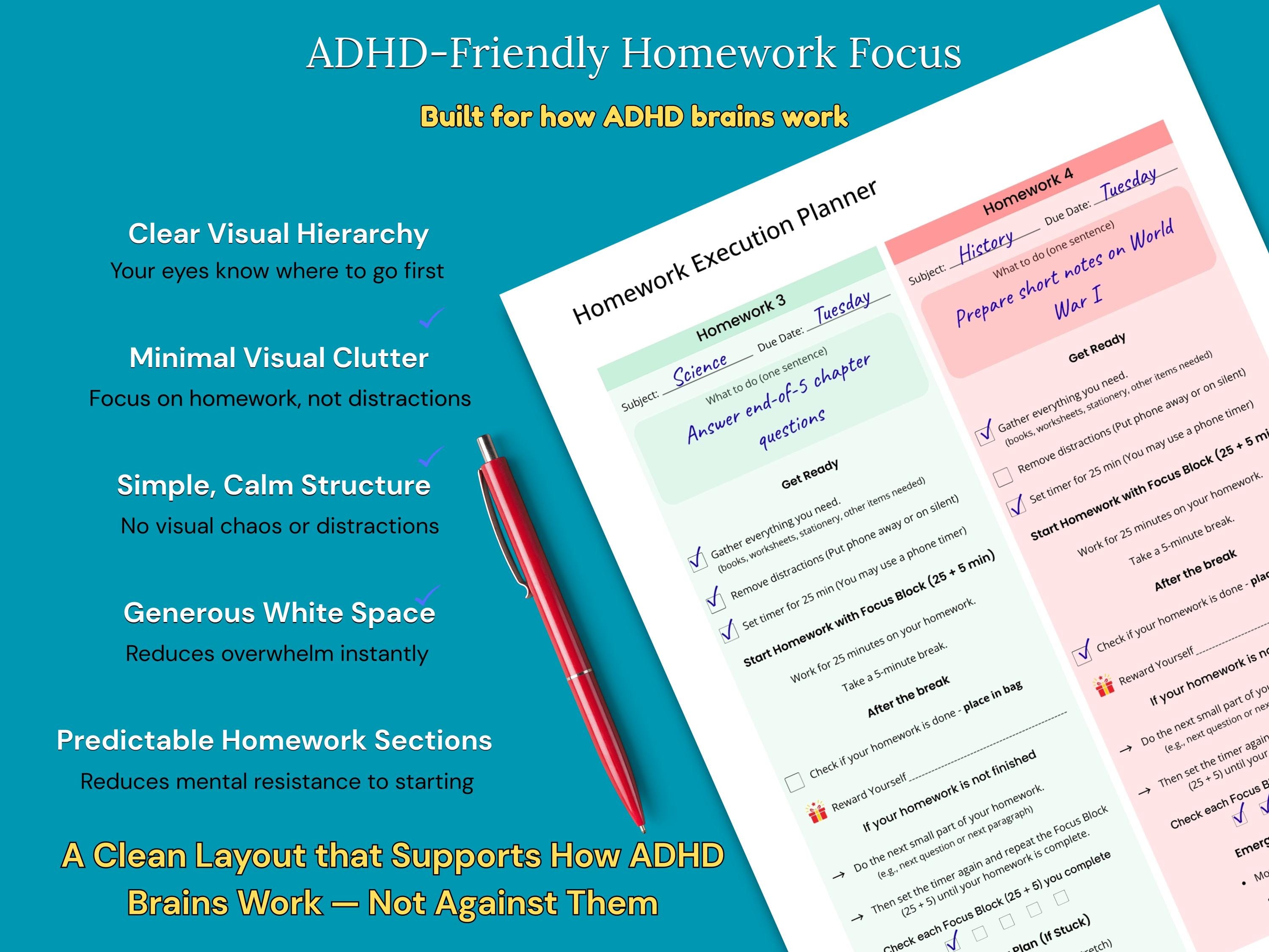 ADHD Student Homework Planner | Daily Homework Tracker to Stay Focused ...