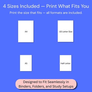 Op de afbeelding: Een blauwe digitale afbeelding met vier witte rechthoekige papiericonen met de labels A4, US Letter Size, A5 en Half Letter. De tekst luidt 4 Sizes Included &mdash; Print What Fits You, Print the size that fits &mdash; all formats are included, en Designed to Fit Seamlessly in Binders, Folders, and Study Setups.