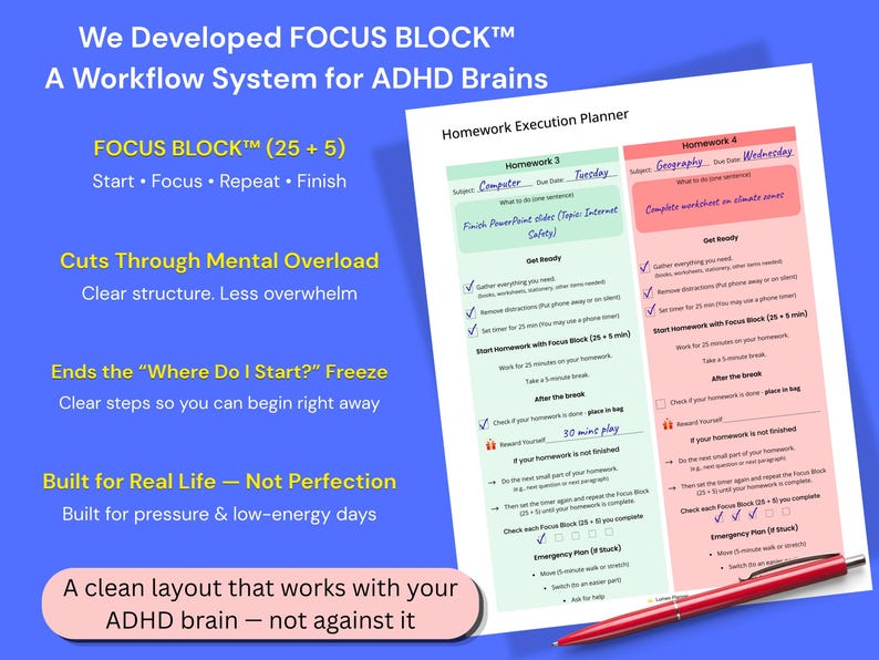 Op de afbeelding: Een witte papieren huiswerkplanner met groene en roze kolommen voor taken, met tekst zoals FOCUS BLOCK (25 + 5), Start, Focus, Repeat, Finish, en een rode pen rechtsonder op een blauwe achtergrond.