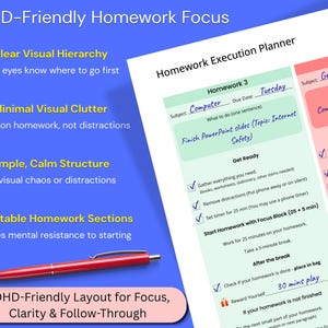 Op de afbeelding: Een digitale huiswerkplanning-sjabloon op een blauwe achtergrond, met secties voor vakken, deadlines en taken. Het document bevat checklists voor focusblokken, een rode balpen en de tekst ADHD-Friendly Homework Focus.