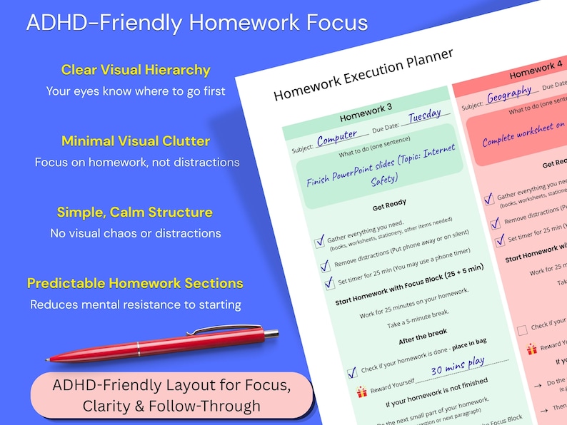 Op de afbeelding: Een digitale huiswerkplanning-sjabloon op een blauwe achtergrond, met secties voor vakken, deadlines en taken. Het document bevat checklists voor focusblokken, een rode balpen en de tekst ADHD-Friendly Homework Focus.