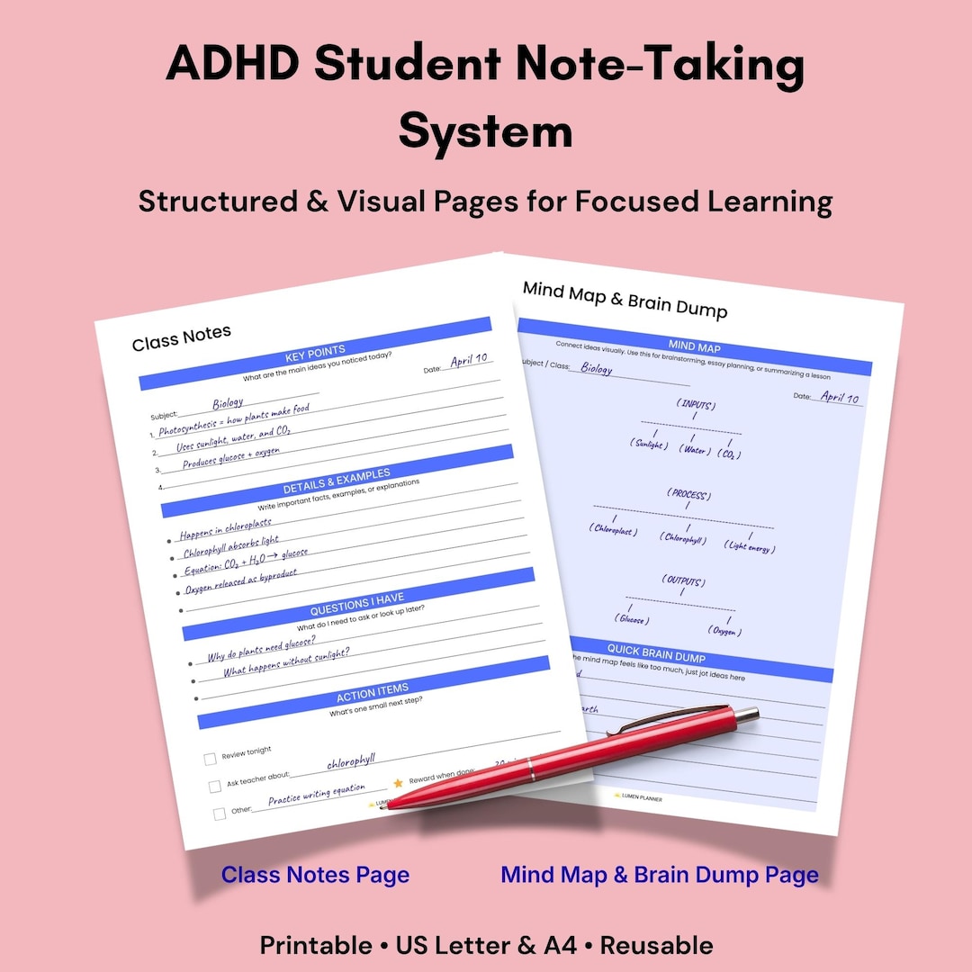 ADHD Note Taking Template | Class Notes, Mind Map & Brain Dump Pages ...