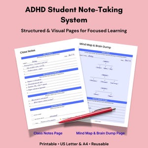 ADHS Notizen Vorlage | Kursnotizen, Mind Map & Brain Dump Seiten | Druckbares PDF