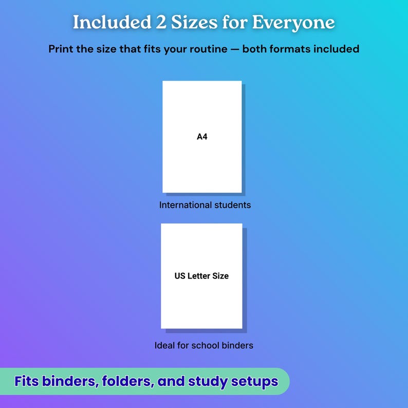 May include: Image features two white rectangular sheets labeled "A4" and "US Letter Size" against a gradient blue and purple background. Text at the top reads "Included 2 Sizes for Everyone." Additional text includes "International students" and "Ideal for school binders."