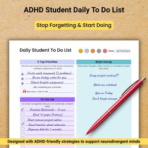 ADHD Student Planner | Daily Checklist, Brain Dump, Study Organizer (Digital Download)