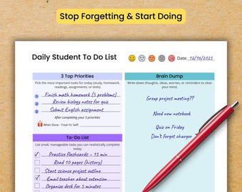 ADHD Student Planner | Daily Checklist, Brain Dump, Study Organizer (Digital Download)