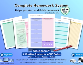 ADHDの生徒向けプランナー｜毎日の宿題管理システムとトラッカー｜印刷可能なPDFとGoodNotes
