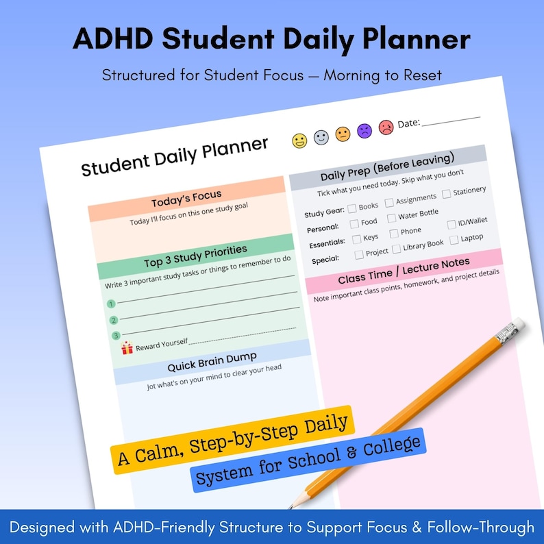 ADHD Student Planner – Daily Prep, Focus Blocks & End-of-day Reset ...