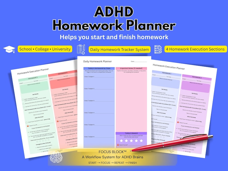 Op de afbeelding: Een ADHD-huiswerkplanner met drie zichtbare pagina's met kleurgecodeerde secties, checklists en een beloningssysteem. De tekst bevat 'ADHD Homework Planner', 'Daily Homework Tracker System' en 'Focus Block'. Een rode pen ligt over de pagina's.