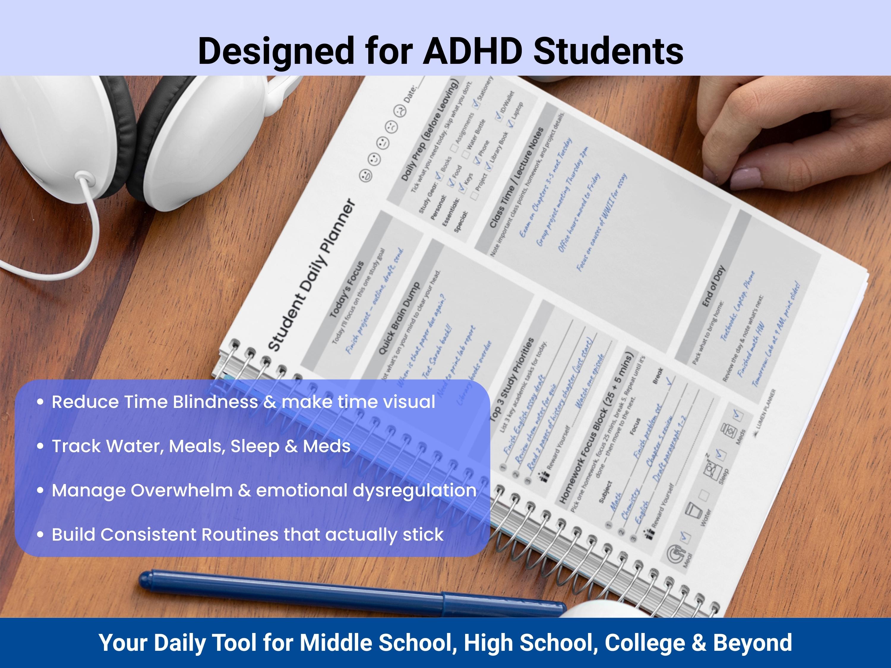 ADHD Student Daily Planner Printable | Homework and Study Organizer for ...