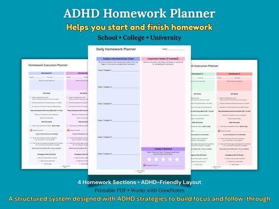 ADHD Student Homework Planner | Daily Homework Tracker to Stay Focused & Finish Tasks (Printable PDF)