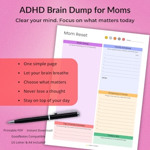 Può includere: Una pagina di pianificazione stampabile intitolata Mom Reset con sezioni per Brain Dump, Family Schedule, Shopping & Errands, Top 3 Family Priorities e Today's Win. Il documento include icone dell'umore, elenchi numerati e una penna a sfera nera.