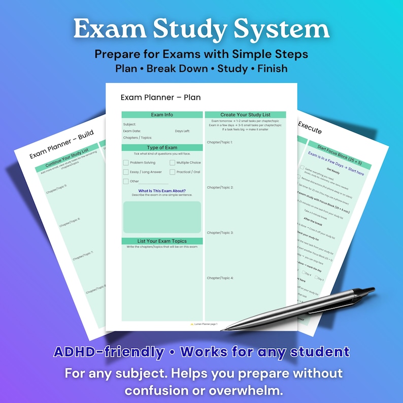 May include: An exam study system with a teal and white design. The image includes a planner, study list, and a focus block guide. A silver pen rests on the documents. Text on the image reads "Exam Study System" and "ADHD-friendly."