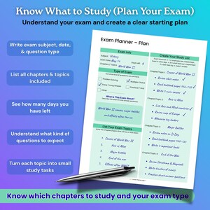 May include: A study planner titled "Exam Planner - Plan" with a History exam outline. The document includes sections for exam info, type of exam, and a study list. A silver pen rests on the page. The planner helps organize study topics.