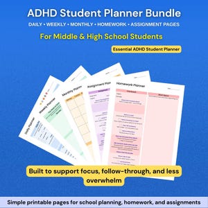 Bundel ADHD-studentenplanner voor middelbare en middelbare school | Dag-, week-, huiswerk- en opdrachtafdrukbare items