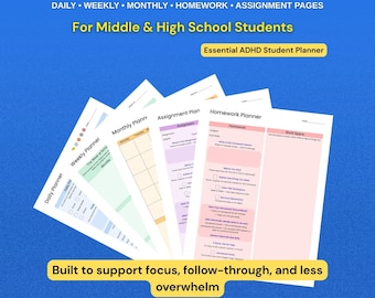 Bundel ADHD-studentenplanner voor middelbare en middelbare school | Dag-, week-, huiswerk- en opdrachtafdrukbare items