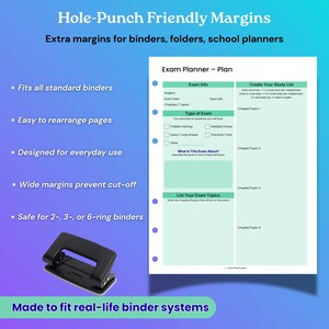 May include: A black hole punch and a planner page with the text "Exam Planner - Plan." The planner page includes sections for exam information, study lists, and exam topics. The text "Hole-Punch Friendly Margins" is at the top.