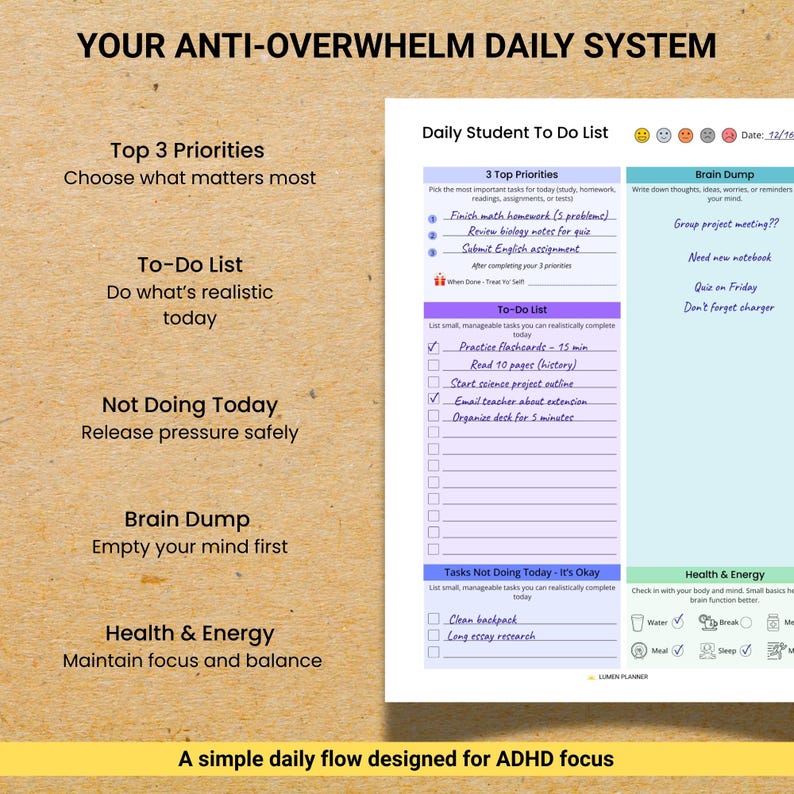 ADHD Student Planner | Daily Checklist, Brain Dump, Study Organizer ...