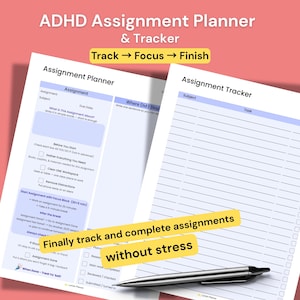 May include: ADHD Assignment Planner & Tracker with a pen. The planner includes sections for assignment details, due dates, and a tracker. The text says "Finally track and complete assignments without stress."