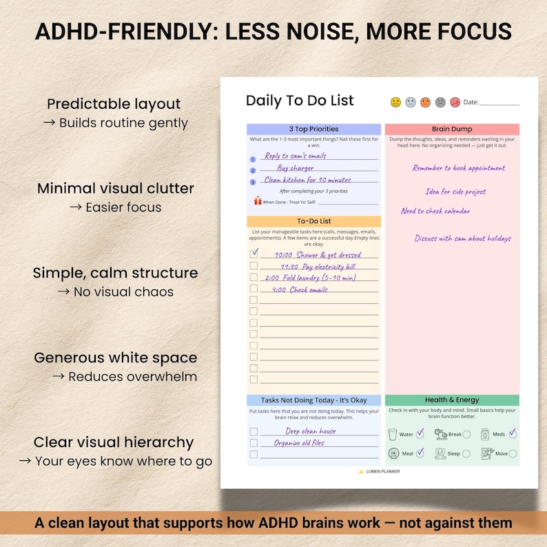 ADHD To-do List Printable | Daily Task Planner With Brain Dump ...
