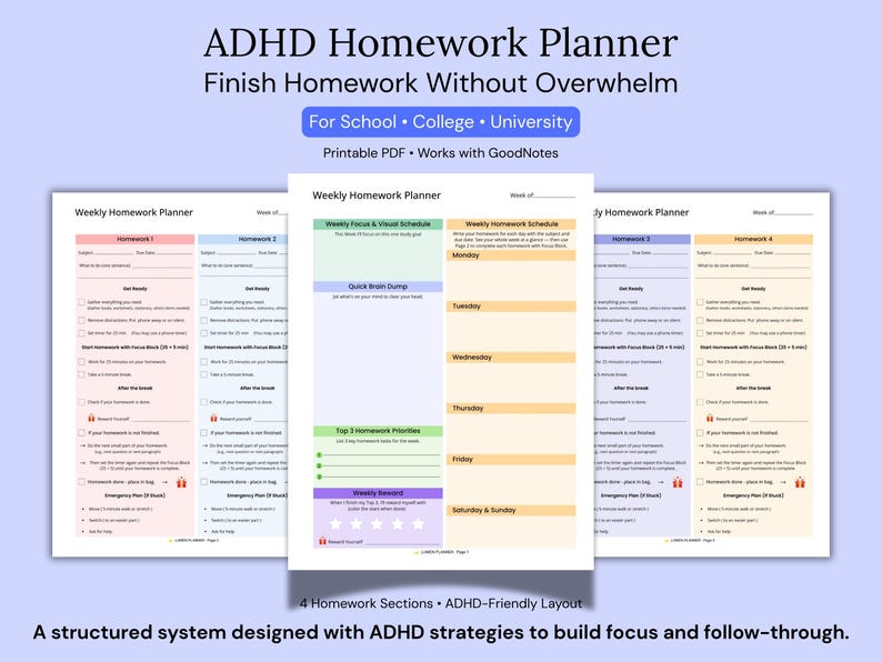 ADHD Homework Planner Printable & Goodnotes | Student Homework Tracker ...