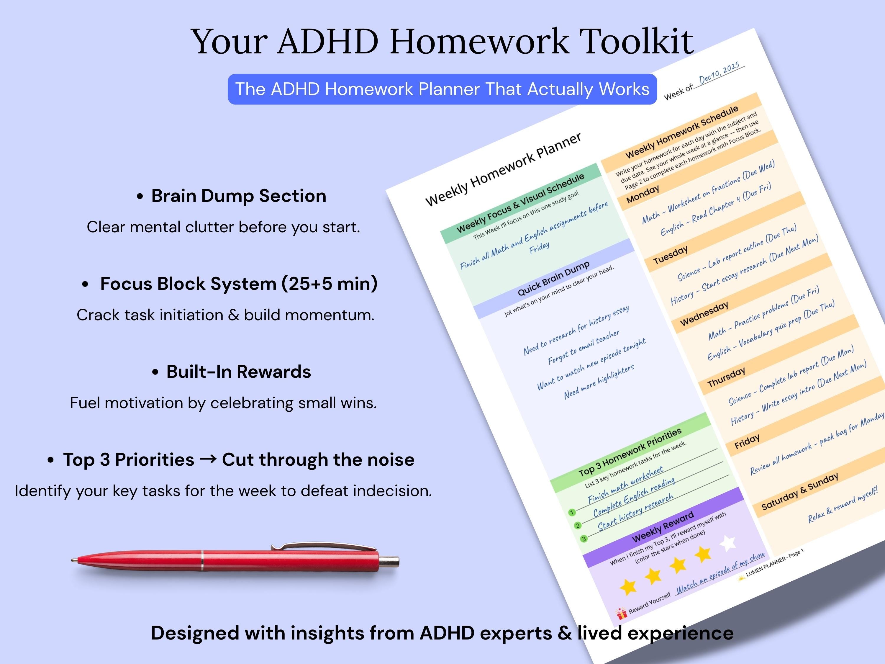 ADHD Homework Planner Printable & Goodnotes | Student Homework Tracker ...