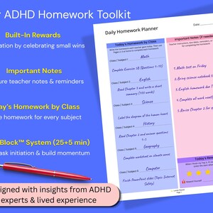 Op de afbeelding: Een dagelijkse huiswerkplanner met secties voor huiswerk per klas, belangrijke notities en een beloningssysteem met sterren. Het document bevat tekstkoppen en een rode pen. De algehele titel van het ontwerp is Your ADHD Homework Toolkit.