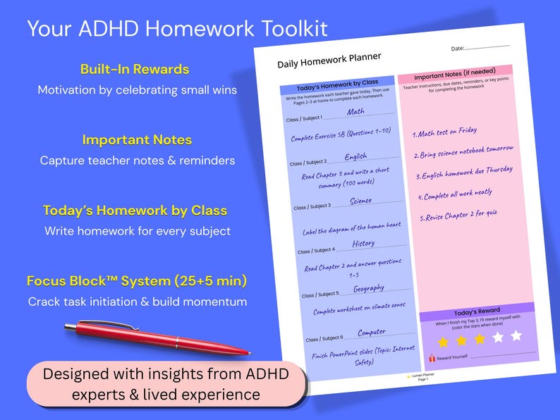 Op de afbeelding: Een dagelijkse huiswerkplanner met secties voor huiswerk per klas, belangrijke notities en een beloningssysteem met sterren. Het document bevat tekstkoppen en een rode pen. De algehele titel van het ontwerp is Your ADHD Homework Toolkit.