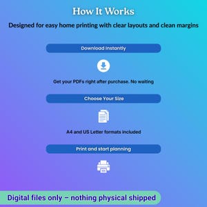 May include: A graphic with text that reads "How It Works" and describes the process of downloading and printing digital files. The image includes blue buttons with text like "Download Instantly" and "Choose Your Size". The text states that A4 and US Letter formats are included.