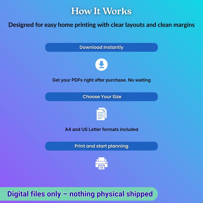 May include: A graphic with text that reads "How It Works" and describes the process of downloading and printing digital files. The image includes blue buttons with text like "Download Instantly" and "Choose Your Size". The text states that A4 and US Letter formats are included.