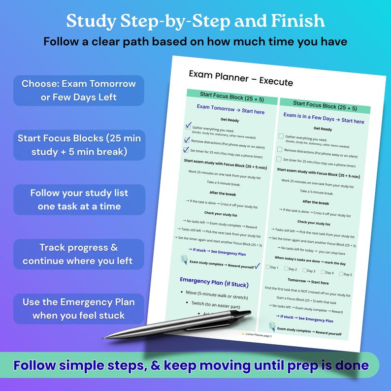 May include: A study planner with a clear, step-by-step guide for exam preparation. The image features a detailed checklist, a pen, and text that reads "Study Step-by-Step and Finish." The planner offers options for immediate or longer-term study.