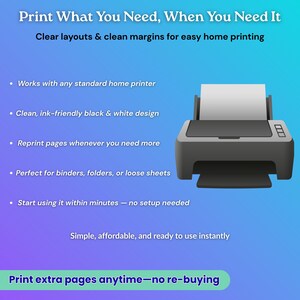 May include: A black and gray printer with white paper emerging from the top. The image includes text that reads "Print What You Need, When You Need It" and "Print extra pages anytime-no re-buying". The printer is designed for easy home printing.
