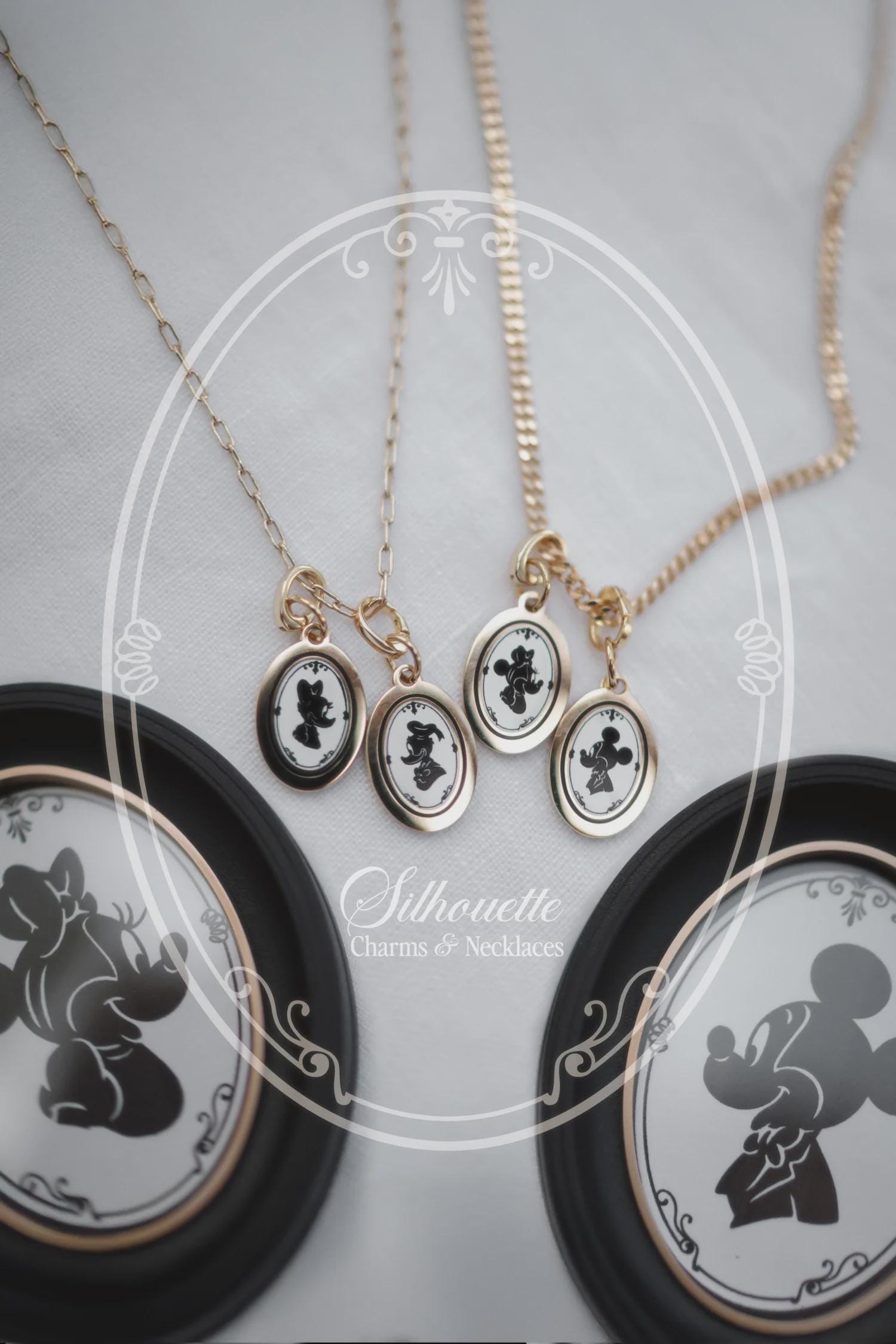 Silhouette Portraits Necklace 18k Gold fill Charms & 24k Gold filled Necklace | Charms Necklaces Walt Disney, Mickey, Minnie, Daisy, Donald